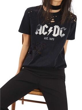 AC/DC Black Distressed Logo Tee with White Print